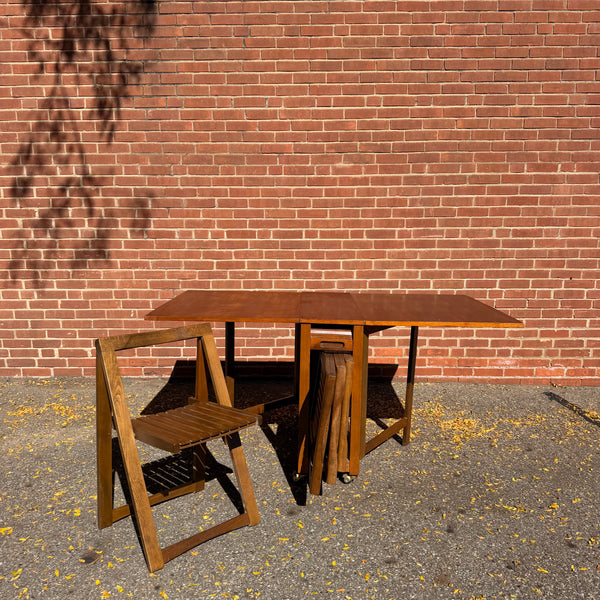 1960s Romanian Mid-Century Modern Walnut Drop-Leaf Hideaway Dining Table & 4 Folding Chairs