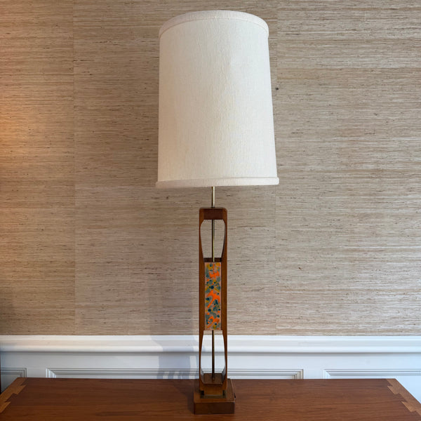 Mid Century Modern Modeline Walnut Enamel and Burlwood Table Lamp