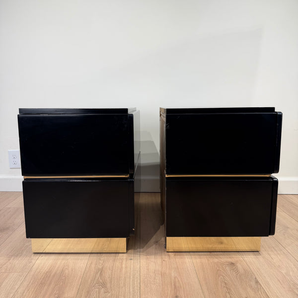 Pair of Black Lacquered Post Modern Nights Stands with Brass Accents