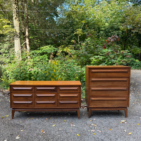 Pair of Vintage Mid-Century Modern Walnut Highboy & Lowboy Dressers with Sculpted Wood Pulls