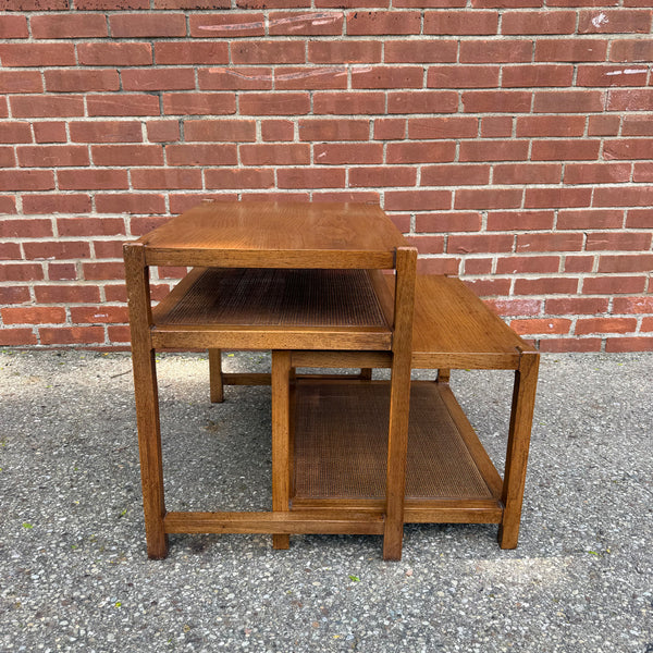 Mid Century Modern Nesting Side Tables with Cane Shelves