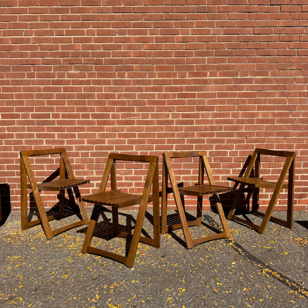 1960s Romanian Mid-Century Modern Walnut Drop-Leaf Hideaway Dining Table & 4 Folding Chairs