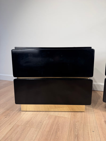 Pair of Black Lacquered Post Modern Nights Stands with Brass Accents