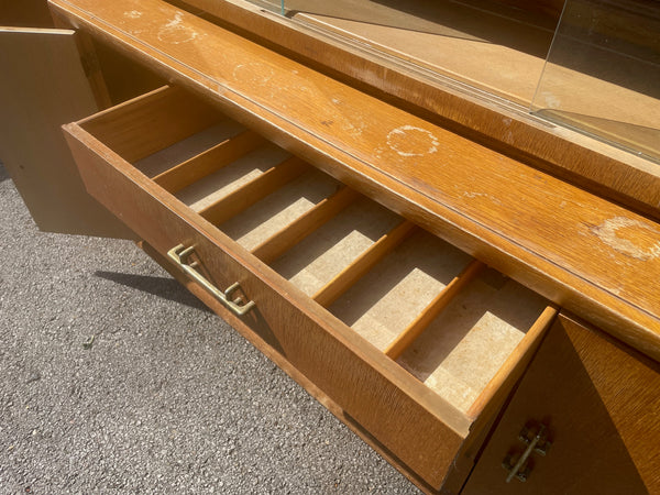 Mid Century Modern Two-Piece Brutalist Style Hutch with Brass Hardware