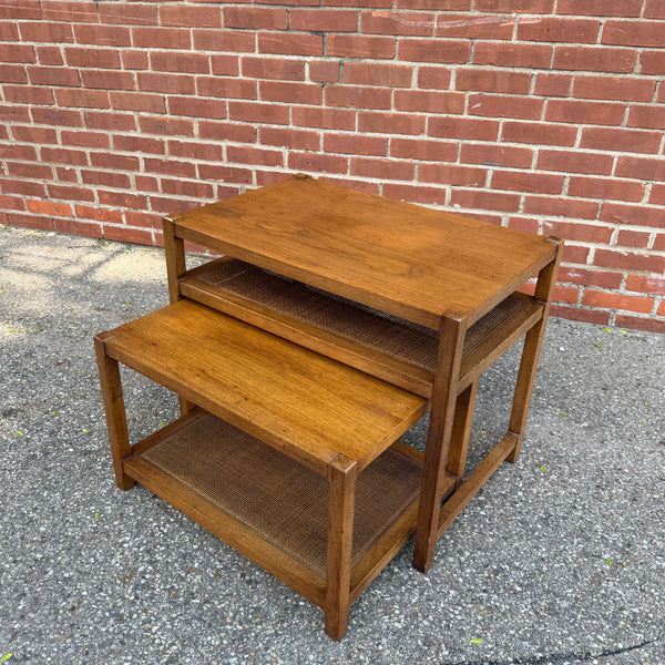 Mid Century Modern Nesting Side Tables with Cane Shelves