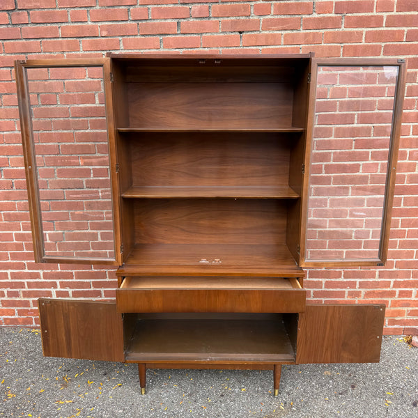 Vintage Mid-Century Modern Petite Walnut & Brass China Cabinet | Hutch