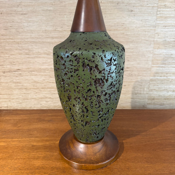 Pair of Mid Century Modern Walnut and Ceramic Table Lamps with Original Shades