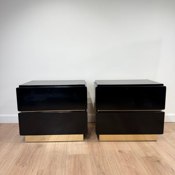 Pair of Black Lacquered Post Modern Nights Stands with Brass Accents