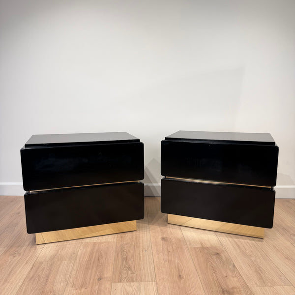 Pair of Black Lacquered Post Modern Nights Stands with Brass Accents