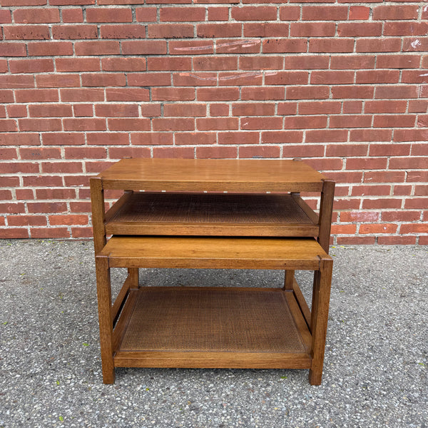 Mid Century Modern Nesting Side Tables with Cane Shelves