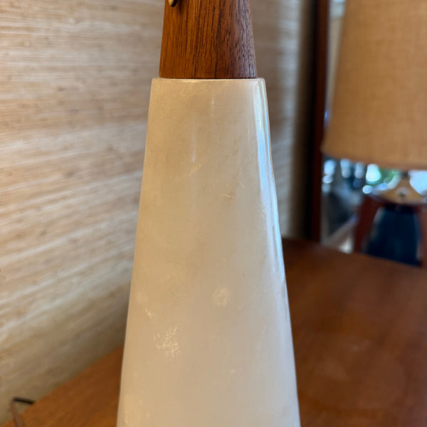 Pair of Italian Alabaster and Teak Table Lamps Original Shades and Finials