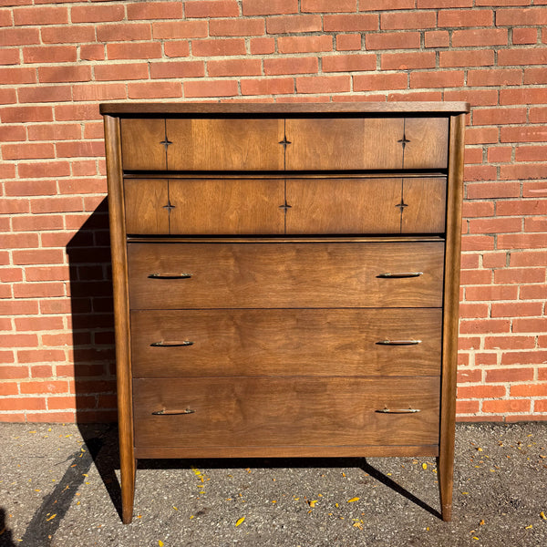 Broyhill Saga Mid-Century Modern Walnut Bedroom Set – Highboy, Lowboy, Pair of Nightstands, Full Headboard & Mirror