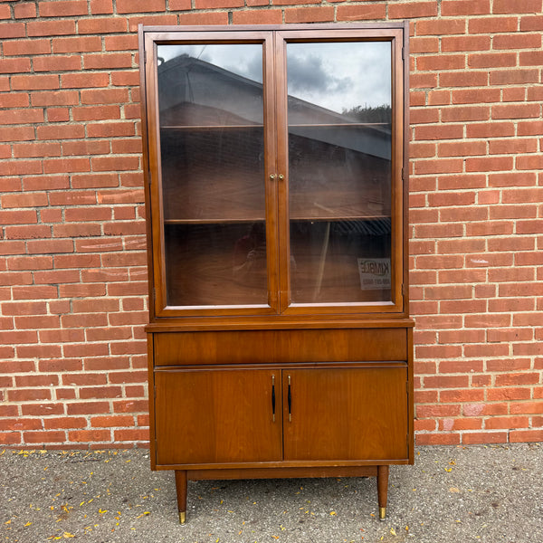 Vintage Mid-Century Modern Petite Walnut & Brass China Cabinet | Hutch