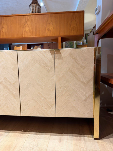 Postmodern Ello Travertine and Brass Credenza