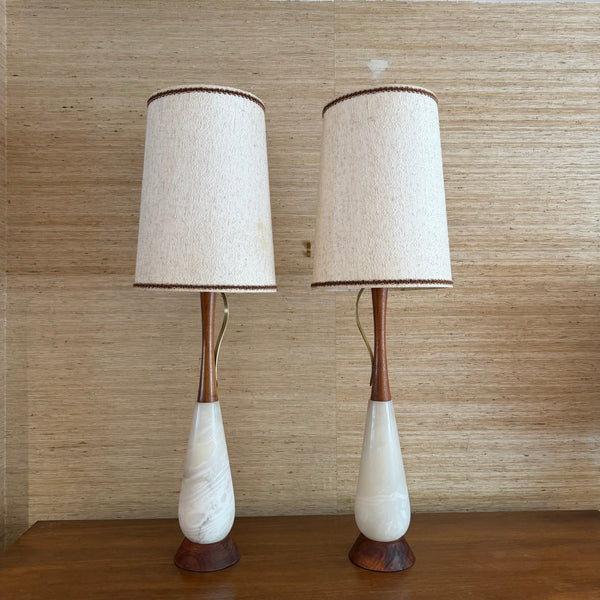 Pair of Italian Alabaster and Teak Table Lamps Original Shades and Finials