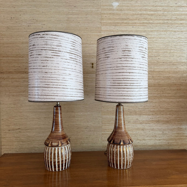 Pair of Ceramic Mid Century Modern Table Lamps with Original Shades