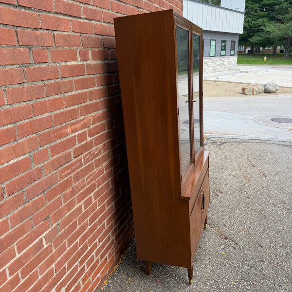 Vintage Mid-Century Modern Petite Walnut & Brass China Cabinet | Hutch
