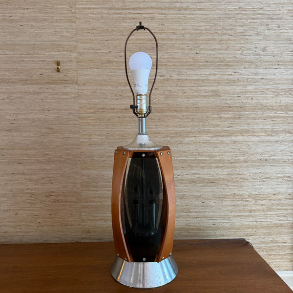 Pair of Vintage Lawrin Mid-Century Modern Walnut Chrome Smoked Plexiglass Table Lamps