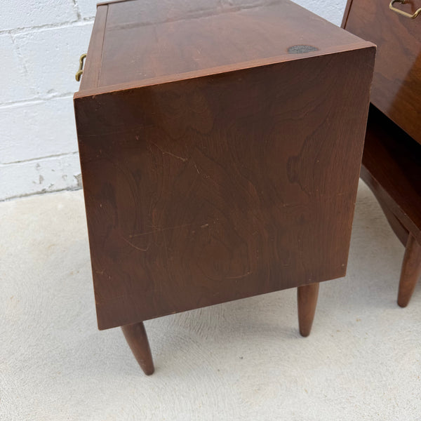 Pair of American of Martinsville “Dania” Walnut Drop-Down Nightstands