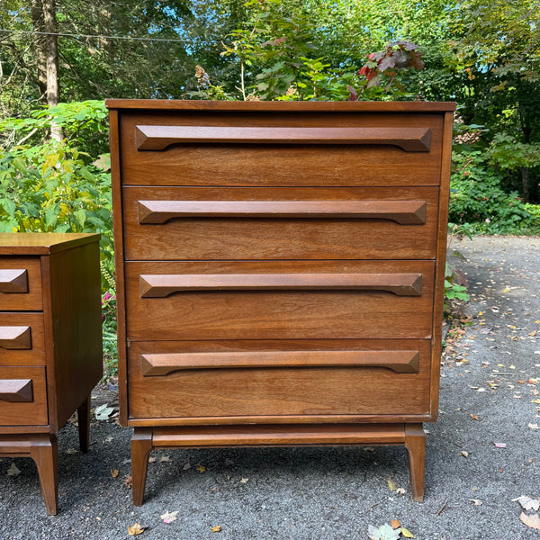 Pair of Vintage Mid-Century Modern Walnut Highboy & Lowboy Dressers with Sculpted Wood Pulls