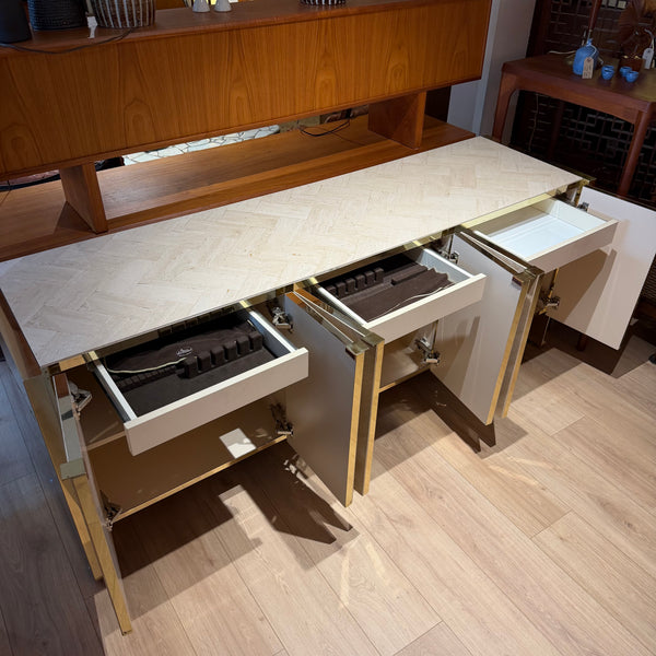 Postmodern Ello Travertine and Brass Credenza