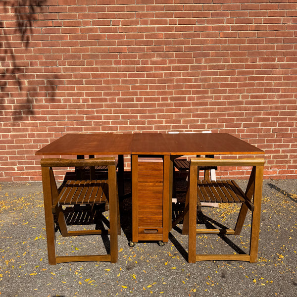 1960s Romanian Mid-Century Modern Walnut Drop-Leaf Hideaway Dining Table & 4 Folding Chairs
