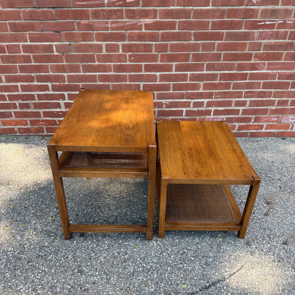 Mid Century Modern Nesting Side Tables with Cane Shelves