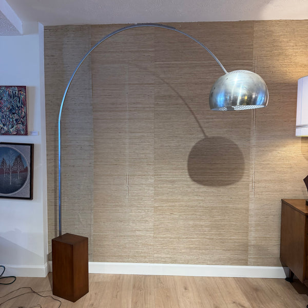 Vintage Mid-Century Modern Arco Style Wood & Chrome Arc Floor Lamp