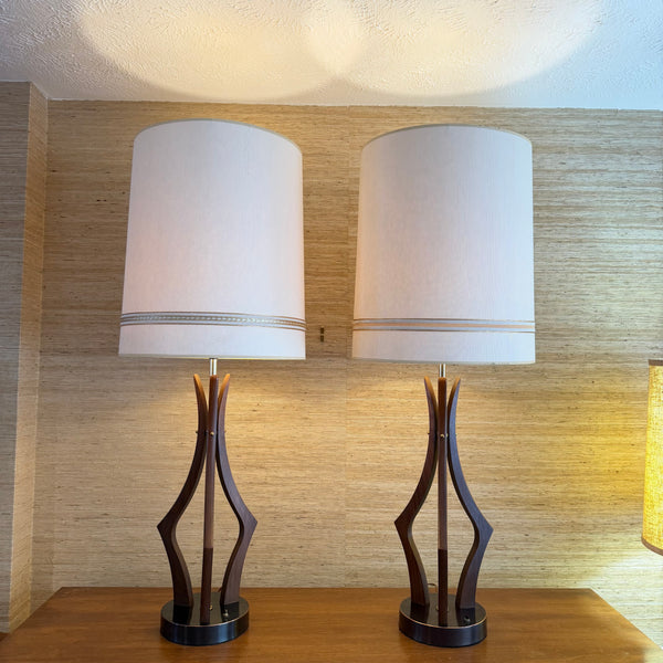 Pair of Sculptural Mid Century Modern Walnut and Brass Table Lamps