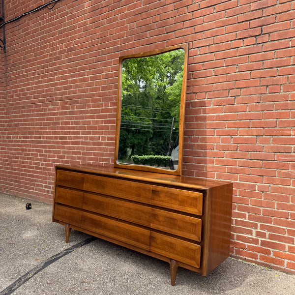 American of Martinsville Walnut Lowboy Dresser with Mirror