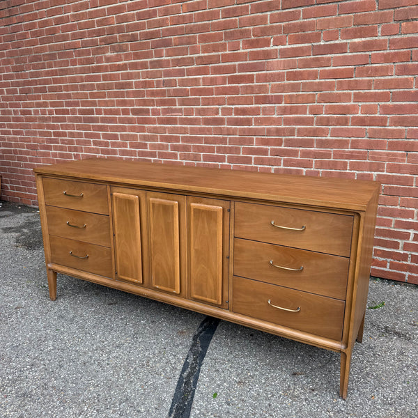Vintage Broyhill Forward Walnut Lowboy Nine-Drawer Dresser