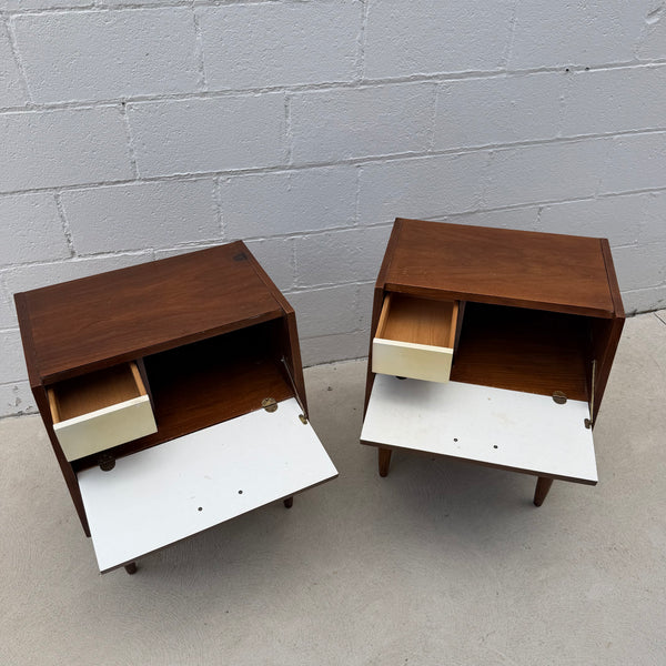 Pair of American of Martinsville “Dania” Walnut Drop-Down Nightstands