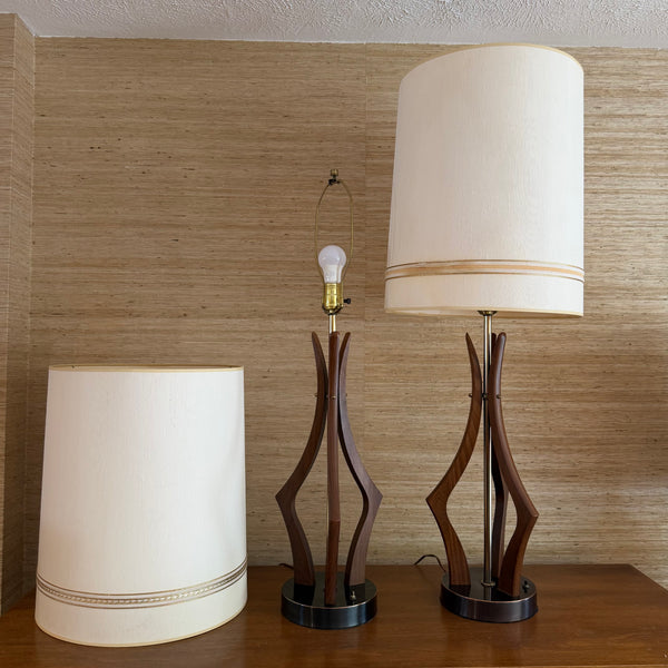 Pair of Sculptural Mid Century Modern Walnut and Brass Table Lamps