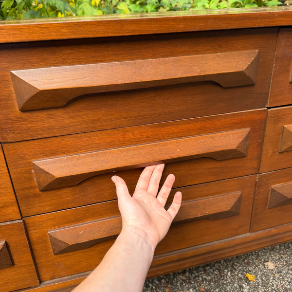 Vintage Mid-Century Modern Walnut Nine-Drawer Lowboy Dresser with Sculpted Wood Pulls